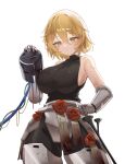  1girl absurdres armor bare_shoulders black_shirt blonde_hair blood blush breasts closed_mouth commentary cowboy_shot dirty dirty_face don_quixote_(project_moon) flower gauntlets hair_between_eyes hand_on_own_hip highres holding large_breasts limbus_company looking_at_viewer muumiruku n_corp._fanatic_(identity)_(project_moon) nail_(hardware) project_moon red_flower red_rose rose shirt short_hair sideboob simple_background sleeveless sleeveless_shirt solo standing tight_clothes tight_shirt turtleneck untranslatable_commentary white_background yellow_eyes 