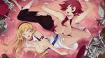  2girls armband armpits ass bangs blonde_hair blush boots breasts brown_eyes cleavage cleavage_cutout closed_eyes clothing_cutout collarbone cutie_honey cutie_honey_(character) cutie_honey_universe dress dual_persona embarrassed eyelashes gloves hairband kisaragi_honey large_breasts lipstick long_hair looking_at_viewer makeup mikoto_akemi multiple_girls nipples official_art one_eye_closed panties pantyshot red_hair sidelocks skin_tight sleeveless sleeveless_dress smile sword torn_clothes underwear v v-shaped_eyebrows weapon white_panties 