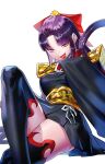  1girl absurdres anti-demon_corps_uniform commentary cover cover_page crossed_legs detexted english_commentary highres long_hair looking_at_viewer manga_cover miniskirt official_art pleated_skirt purple_hair red_eyes skirt smile snake solo takemura_youhei thighhighs thighs third-party_edit tongue tongue_out 