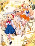  2girls :d ;) absurdres aino_minako analog_clock back_bow bishoujo_senshi_sailor_moon bishoujo_senshi_sailor_moon_stars blonde_hair blue_bow blue_eyes blue_sailor_collar blue_skirt boots bow brooch character_name choker circlet clock closed_mouth collage_(medium) collage_background commentary commission crescent crown dual_persona earrings elbow_gloves english_commentary english_text flower gloves hair_bow happy heart high_heel_boots high_heels highres holding holding_sword holding_weapon holy_sword_(sailor_moon) index_finger_raised isosceless jewelry leg_up leotard long_hair long_sleeves looking_at_viewer magical_girl miniskirt mixed_media multiple_girls one_eye_closed open_mouth orange_choker orange_sailor_collar orange_skirt outstretched_arm painting_(object) parted_bangs pleated_skirt red_bow sailor_collar sailor_senshi_uniform sailor_venus school_uniform serafuku shirt skirt smile socks speech_bubble standing standing_on_one_leg star_(symbol) star_brooch star_choker star_earrings statue sun_symbol super_sailor_venus_(stars) sword the_birth_of_venus venus_de_milo very_long_hair weapon white_boots white_gloves white_leotard white_shirt white_socks 