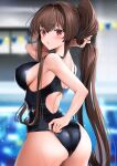 1girl absurdres ass black_swimsuit blurry blurry_background blush breasts brown_hair clothes_pull competition_swimsuit from_behind hair_between_eyes hair_intakes highres holding holding_hair kantai_collection large_breasts long_hair one-piece_swimsuit parted_lips ponytail poolside red_eyes sidelocks solo swimsuit swimsuit_pull very_long_hair yamato_(kancolle) yunamaro 