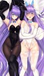  2girls animal_ears ass_visible_through_thighs black_leotard blue_eyes blue_ribbon bow bowtie bunny_day covered_navel detached_collar detached_sleeves dual_persona fake_animal_ears fate/extra fate/extra_ccc fate/grand_order fate_(series) fishnet_legwear fishnets garter_belt garter_straps highleg highleg_leotard highres leotard long_hair long_sleeves meltryllis_(fate) meltryllis_(swimsuit_lancer)_(fate) multiple_girls pantyhose playboy_bunny prosthesis purple_hair rabbit_ears rabbit_tail ribbon sleeves_past_fingers sleeves_past_wrists strapless strapless_leotard swimsuit tail thighhighs thong_leotard untue white_leotard wrist_cuffs 