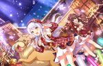  2girls :d bare_legs blue_eyes boots card christmas_lights christmas_ornaments coat dress dutch_angle eve_santaclaus fur-trimmed_boots fur_trim game_asset glowstick hair_ornament hairclip happy hat ichinose_shiki idol idolmaster idolmaster_cinderella_girls idolmaster_cinderella_girls_starlight_stage looking_at_viewer microphone multiple_girls official_art open_mouth red_coat red_hat reindeer runny_nose smile snot snow snowflakes stage white_dress white_hair yellow_eyes 