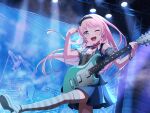  1girl :d ;d bang_dream! bang_dream!_it's_mygo!!!!! black_hairband blue_skirt blue_vest chihaya_anon concert earrings electric_guitar floating_hair game_asset grey_eyes guitar hairband heart heart_earrings holding holding_guitar holding_instrument holding_plectrum indoors instrument jewelry long_hair looking_at_viewer official_alternate_costume official_art one_eye_closed open_mouth pink_hair plectrum shoes skirt smile solo stage stage_lights standing standing_on_one_leg striped_clothes striped_thighhighs thighhighs third-party_source vest white_shoes 