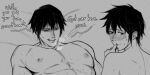  1boy 1girl blush bonbon_(bonesofbeskar) commentary couple english_commentary english_text fushiguro_toji greyscale hetero husband_and_wife jujutsu_kaisen looking_at_another lying mature_female mature_male megumi's_mother_(jujutsu_kaisen) monochrome muscular muscular_male nipples nude on_back on_bed pectorals short_hair smile speech_bubble sweat topless_female uncensored upper_body very_short_hair 
