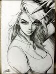  1girl arm_up breasts claw_(weapon) cleavage closed_mouth commentary english_commentary graphite_(medium) greyscale highres jewelry large_breasts lips long_hair looking_at_viewer marvel miki_okazaki monochrome necklace photo_(medium) shirt signature sketch solo traditional_media upper_body weapon x-23 x-men 