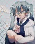  1girl absurdres bandaid bandaid_on_nose black_neckwear blue_eyes blue_hair blue_sky blue_sweater bow chain-link_fence cloud commentary ear_piercing eyebrows_visible_through_hair feet_out_of_frame fence hair_bow hair_ornament hairclip hatsune_miku highres hood hood_down hoodie juice_box kineta long_hair long_sleeves looking_at_viewer necktie parted_lips piercing school_uniform sitting sky sleeves_past_wrists solo sweater twintails vocaloid white_bow white_hoodie 
