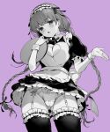  1girl alternate_costume apron bangs bb_(fate) blush braid breasts cleavage cleavage_cutout clothing_cutout dress enmaided fate/extra fate/extra_ccc fate_(series) garter_straps hair_ribbon heart_cutout highres large_breasts long_hair looking_at_viewer maid maid_headdress monochrome panties puffy_short_sleeves puffy_sleeves purple_background purple_theme ribbon short_sleeves solo thighhighs tray twin_braids underwear upskirt very_long_hair vivi_(eve_no_hakoniwa) wrist_cuffs 