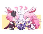  3girls :d ? ?? animal_ears antenna_hair armor bangs bare_shoulders border braid braided_ponytail closed_mouth fox_ears fox_mask hair_between_eyes honkai_(series) honkai_impact_3rd japanese_armor jin2 kallen_kaslana kallen_kaslana_(sixth_serenade) long_hair looking_at_viewer mask multiple_girls ninja open_mouth pink_hair purple_eyes scarf smile white_hair wide-eyed yae_kasumi yae_sakura yae_sakura_(darkbolt_jonin) yae_sakura_(gyakushinn_miko) yellow_background 