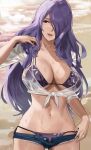  1girl alternate_costume bikini bikini_under_clothes breasts camilla_(fire_emblem) cleavage collarbone cowboy_shot crop_top day denim denim_shorts fire_emblem fire_emblem_fates front-tie_top hair_over_one_eye halterneck highres j@ck large_breasts long_hair looking_away looking_to_the_side micro_shorts navel open_clothes open_fly open_shorts outdoors parted_lips purple_bikini purple_eyes purple_hair purple_swimsuit ribbon shirt short_sleeves shorts side-tie_bikini smile solo stomach string_bikini swimsuit very_long_hair white_ribbon white_shirt 