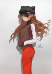  1girl ass blue_eyes brown_hair brown_jacket evangelion:_3.0_you_can_(not)_redo eyebrows_visible_through_hair fadingz from_side grey_hair hair_between_eyes hands_in_pockets hat highres jacket long_hair neon_genesis_evangelion parted_lips pixiv_id plugsuit rebuild_of_evangelion shadow solo souryuu_asuka_langley 