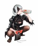  1girl absurdres adidas alcohol bangs black_legwear blindfold bottle breasts cleavage cleavage_cutout clothing_cutout controller cosplay drinking feather-trimmed_sleeves full_body game_controller headphones highres holding holding_bottle holding_controller holding_game_controller hyde_(tabakko) indie_virtual_youtuber kson medium_breasts nier_(series) nier_automata no_shoes playstation_controller short_hair signature silver_hair simple_background slav_squatting solo squatting thighhighs triple_vertical_stripe virtual_youtuber vodka white_background yorha_no._2_type_b yorha_no._2_type_b_(cosplay) 