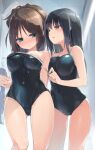  2girls ass_visible_through_thighs bangs black_hair blue_eyes blush breasts brown_eyes brown_hair full-face_blush highres homura_subaru impossible_clothes impossible_swimsuit large_breasts long_hair looking_at_another medium_breasts multiple_girls one-piece_swimsuit original swimsuit undressing wet wet_clothes wet_hair wet_swimsuit yuri 