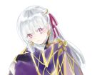  1girl asa_(1asa-0-asa1) bangs blush bracelet breasts circlet collar detached_sleeves dress earrings fate/grand_order fate_(series) hair_ribbon highres jewelry kama_(fate) large_breasts long_hair looking_at_viewer metal_collar purple_dress purple_sleeves red_eyes ribbon silver_hair 