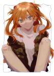  1girl absurdres bandaid bandaid_on_knee bangs blue_eyes brown_jacket character_name closed_mouth collarbone commentary_request expressionless eyes_visible_through_hair highres interface_headset jacket kineta knees_up long_hair looking_at_viewer neon_genesis_evangelion off_shoulder open_clothes open_jacket orange_hair shirt sitting solo souryuu_asuka_langley white_background white_shirt 