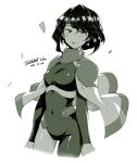  1girl afura_mann blush bodysuit breasts cape closed_mouth covered_navel cowboy_shot dated earrings el_hazard green_theme jewelry looking_at_viewer medium_hair mole mole_under_eye monochrome signature simple_background small_breasts smile solo tachibana_roku white_background 