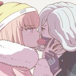  2girls andou_ruruka bangs closed_eyes commentary_request danganronpa_(series) danganronpa_3_(anime) eyebrows_visible_through_hair food food_in_mouth from_side fur_collar fur_trim gloves hand_up jacket kimura_seiko looking_at_another lowres mask mouth_mask multiple_girls namu_(nurui_cha) profile purple_gloves sharing_food short_hair simple_background sweatdrop upper_body yellow_headwear yuri 