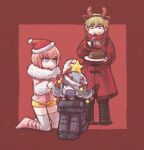  1boy 2girls andou_ruruka antlers bangs black_footwear black_jacket black_legwear blonde_hair cake christmas coat commentary_request danganronpa_(series) danganronpa_3_(anime) eating food food_on_face fork fur-trimmed_jacket fur_collar fur_trim hat izayoi_sounosuke jacket kimura_seiko kneeling knees_up mask mouth_mask multiple_girls namu_(nurui_cha) pink_hair pink_jacket red_background red_coat red_headwear santa_costume santa_hat shiny shiny_hair short_hair short_shorts shorts sitting star_(symbol) thighhighs two-tone_background 