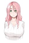  1girl blush breasts green_eyes hair_between_eyes large_breasts looking_at_viewer original parted_lips pink_hair ribbed_sweater simple_background smile solo sweater tachibana_roku upper_body white_background white_sweater 