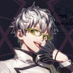  1boy :p aluce arknights artist_name black_gloves finger_to_mouth glasses gloves green_eyes half_gloves looking_at_viewer mephisto_(arknights) open_mouth pale_skin shiny shiny_hair shiny_skin short_hair signature simple_background smile solo standing tongue tongue_out watermark white_hair 