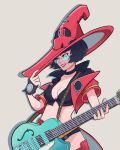 1girl black_hair breasts choker cleavage electric_guitar guilty_gear guilty_gear_strive guitar hat i-no instrument looking_over_eyewear short_hair smile sunglasses thighhighs tinted_eyewear witch_hat 