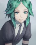  1other absurdres androgynous bangs commentary crystal_hair english_commentary gem_uniform_(houseki_no_kuni) green_eyes green_hair grey_background highres houseki_no_kuni looking_at_viewer necktie open_mouth phosphophyllite short_hair simple_background smile solo zieru 