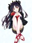  1girl asa_(1asa-0-asa1) bangs black_hair black_jacket black_skirt blush breasts earrings fate/grand_order fate_(series) hair_ribbon high_heels highres hoop_earrings ishtar_(fate) ishtar_(fate)_(all) jacket jewelry knees_up long_hair long_sleeves looking_at_viewer medium_breasts open_clothes open_jacket open_mouth parted_bangs red_eyes red_footwear red_shirt ribbon shirt skirt smile solo tiara two_side_up under_the_same_sky 