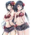  2girls :d absurdres bare_shoulders bikini bikini_top black_shorts blush braid breasts caicos cleavage collarbone commentary_request cowboy_shot crossed_arms dual_persona flower front-tie_bikini front-tie_top grey_eyes hair_flower hair_ornament highres large_breasts long_hair love_live! love_live!_nijigasaki_high_school_idol_club multiple_girls nakagawa_nana navel open_fly open_mouth orange_flower red_flower short_shorts shorts smile standing stomach suspenders swimsuit thighs yuuki_setsuna_(love_live!) 