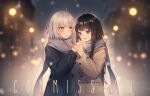  2girls aluce black_hair blue_eyes blurry blurry_background blush closed_mouth coat cold commission fate/grand_order fate_(series) frown glowing happy holding_hands house jacket jeanne_d&#039;arc_(alter)_(fate) jeanne_d&#039;arc_(fate)_(all) lamp light long_hair looking_at_another looking_down multiple_girls open_mouth original scarf shared_scarf shiny shiny_hair short_hair smile standing white_hair winter winter_clothes yellow_eyes yuri 