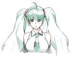  1girl ahoge bare_shoulders blush breasts commentary detached_sleeves green_eyes green_hair green_neckwear hatching_(texture) hatsune_miku large_breasts long_sleeves looking_at_viewer necktie parted_lips shirt simple_background sketch solo tachibana_roku twintails upper_body vocaloid white_background 