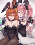  2girls ahoge animal_ear_fluff animal_ears bangs bare_shoulders black_bow black_gloves black_leotard blush bow breasts brown_legwear cleavage collarbone covered_navel detached_collar elbow_gloves fake_animal_ears fate/grand_order fate_(series) fox_tail fujimaru_ritsuka_(female) glasses gloves hair_between_eyes hair_bow hair_ornament hair_scrunchie highleg highleg_leotard highres hohaku koyanskaya_(fate) large_breasts leotard long_hair looking_at_viewer medium_breasts multiple_girls one_side_up open_mouth orange_eyes orange_hair pantyhose pink_hair playboy_bunny rabbit_ears scrunchie short_hair sidelocks smile strapless strapless_leotard tail tamamo_(fate) thighs translated twintails video_camera white_legwear wrist_cuffs yellow_eyes 