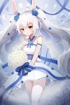  1girl azur_lane blue_flower bouquet breasts bride bunny_hair_ornament dress eyebrows_visible_through_hair flower hair_ornament holding holding_bouquet laffey_(azur_lane) laffey_(white_rabbit&#039;s_oath)_(azur_lane) long_hair looking_at_viewer official_alternate_costume pantyhose red_eyes short_dress sleeveless sleeveless_dress small_breasts solo twintails very_long_hair wedding_dress white_dress white_flower white_legwear youtiao_zongzi 
