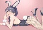  1girl alternate_costume animal_ears black_footwear black_hair black_leotard breasts detached_collar fake_animal_ears fake_tail fishnet_legwear fishnets green_eyes high_heels highleg highleg_leotard houshou_(kancolle) kantai_collection leotard long_hair lying on_stomach pantyhose playboy_bunny ponytail rabbit_ears rabbit_tail side-tie_leotard small_breasts solo strapless strapless_leotard tail the_pose wrist_cuffs yuichi_(sp_sakura_yoshi) 