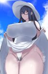  1girl black_hair breasts clothes_lift covered_nipples from_below hair_between_eyes hasshaku-sama hat huge_breasts long_hair looking_at_viewer looking_down original panties pubic_hair pubic_hair_peek red_eyes sidelocks skirt skirt_lift sky solo steam steaming_body sun_hat tall_female tomoki_(dais729sof) twitter_username underwear urban_legend very_long_hair white_headwear white_panties 