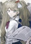  1girl bangs blurry blurry_background bow bunny_hair_ornament collared_shirt commentary_request danganronpa:_trigger_happy_havoc danganronpa_(series) enoshima_junko from_side green_eyes hair_bow hair_ornament holding holding_paper joh_pierrot long_hair long_sleeves looking_at_another looking_at_viewer looking_to_the_side paper shirt solo_focus twintails upper_body white_bow white_shirt 