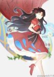  1girl artist_name black_ribbon dress earrings fate/stay_night fate_(series) hair_ornament hair_ribbon highres jewelry legs long_hair looking_at_viewer one_eye_closed red_eyes red_footwear red_ribbon ribbon solo tohsaka_rin yukako_(toyoyuki) 