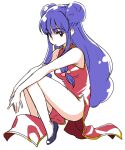  1girl bare_arms bare_shoulders bow china_dress chinese_clothes closed_mouth double_bun dress from_side full_body hair_bow jacket long_hair looking_at_viewer looking_to_the_side pink_bow purple_footwear purple_hair ranma_1/2 red_eyes red_jacket shampoo_(ranma_1/2) shoes side_slit simple_background solo tachibana_roku white_background 