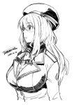  1girl ascot atago_(kancolle) blush breasts dated greyscale hat highres jacket kantai_collection large_breasts long_hair long_sleeves monochrome parted_lips signature simple_background solo tachibana_roku upper_body white_background 