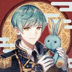  1boy aluce artist_name bunny closed_mouth coat egasumi formal gloves green_eyes happy holding holding_toy ichigo_hitofuri looking_at_viewer necktie pale_skin shiny shiny_hair short_hair signature simple_background smile solo standing stuffed_toy touken_ranbu toy watermark white_gloves yellow_eyes 