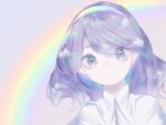  1girl absurdres bangs cape closed_mouth eyebrows_visible_through_hair face hairband highres indolent-anima_(xwxw8575) long_hair looking_at_viewer portrait purple_background purple_eyes purple_hair rainbow rainbow_gradient simple_background smile solo swept_bangs tenkyuu_chimata touhou white_cape 