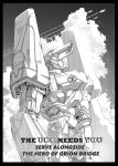  armor black_border border commentary condensation_trail copyright_request english_commentary english_text greyscale highres mecha monochrome no_humans outdoors pauldrons shoulder_armor standing y_naf 