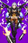  1girl apex_legends bangs bodysuit brown_eyes character_name firing highres jetpack mika_pikazo missile_pod orange_bodysuit purple_background silver_hair smoke solo v-shaped_eyebrows valkyrie_(apex_legends) 