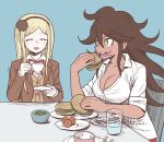  2girls bangs blonde_hair blush_stickers bowl breasts brown_eyes brown_hair brown_jacket brown_vest burger chopsticks cleavage closed_eyes collared_shirt commentary_request danganronpa_(series) danganronpa_3_(anime) eyebrows_visible_through_hair flower food food_on_face glass grey_background grey_shirt hair_between_eyes hair_flower hair_ornament hope&#039;s_peak_academy_school_uniform jacket large_breasts long_hair looking_at_another multiple_girls namu_(nurui_cha) neck_ribbon official_alternate_costume open_mouth owari_akane plate red_ribbon ribbon rice rice_bowl salad school_uniform shirt simple_background sonia_nevermind table vest 