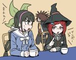  1boy 2girls bangs black_hair black_headwear black_jacket blue_shirt blush_stickers bow brown_background brown_eyes brown_hair buttons chabashira_tenko chair choker commentary_request cup danganronpa:_trigger_happy_havoc danganronpa_(series) danganronpa_v3:_killing_harmony double-breasted from_side hagakure_yasuhiro hair_ornament hairband hairlocs hat index_finger_raised jacket long_hair long_sleeves looking_at_another multiple_girls namu_(nurui_cha) open_mouth pink_choker pink_hairband red_hair sailor_collar shirt short_hair simple_background sitting sweat table teacup translation_request white_bow white_sailor_collar witch_hat yumeno_himiko 