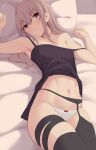  1girl absurdres act_(xadachit) armpits arms_up bangs bare_arms bare_shoulders bed bed_sheet black_legwear blue_eyes bow bow_panties breasts camisole clenched_hands collarbone commentary commentary_request garter_belt garter_straps girls&#039;_frontline hair_over_shoulder head_tilt highres legs_together long_hair looking_at_viewer lying midriff multicolored_hair navel off_shoulder on_back on_bed panties partial_commentary pillow pink_hair purple_hair sidelocks small_breasts solo st_ar-15_(girls&#039;_frontline) streaked_hair thigh_strap thighhighs underwear white_panties 