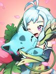  1boy :d ;d ^_^ antenna_hair arclumx blue_eyes blue_hair blush closed_eyes commentary crossover falling_petals fang fang_out floren_(xenoblade) flower gen_1_pokemon gradient gradient_background happy hug ivysaur male_focus one_eye_closed open_mouth otoko_no_ko petals pink_background plant pokemon pokemon_(creature) purple_eyes short_hair simple_background smile symbol-only_commentary twitter_username vines watermark xenoblade_chronicles_(series) xenoblade_chronicles_2 