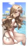  1girl bikini black_bikini blurry blush blush_stickers breasts brown_hair depth_of_field ebifu highres idolmaster idolmaster_million_live! looking_at_viewer looking_to_the_side medium_breasts messy_hair miyao_miya outside_border pool poolside side-tie_bikini sitting sketch smile soaking_feet solo swimsuit thick_eyebrows thighs waterpark 