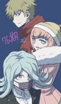  1boy 2girls :d alternate_hair_color andou_ruruka bangs blonde_hair blue_background brown_jacket commentary_request danganronpa_(series) danganronpa_3_(anime) dress_shirt eyebrows_visible_through_hair flipped_hair fur-trimmed_jacket fur_collar fur_trim green_hair green_headwear grey_hair hat izayoi_sounosuke jacket kimura_seiko long_hair looking_at_viewer mask mouth_mask multiple_girls namu_(nurui_cha) open_mouth pink_eyes pink_jacket purple_eyes shirt short_hair simple_background smile translation_request white_shirt 