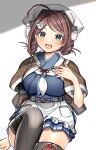  1girl black_legwear blue_eyes blue_serafuku blue_skirt blush braid breasts brown_hair brown_shawl chougei_(kancolle) eyebrows_visible_through_hair highres japanese_clothes kantai_collection kaomoji_(sagor00237) large_breasts looking_at_viewer neckerchief open_mouth pleated_skirt school_uniform serafuku shawl short_hair short_sleeves skirt smile solo thighhighs twin_braids upper_teeth white_neckwear 