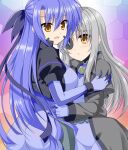  2girls ass blue_bodysuit blue_hair blush bodysuit breasts cinque_(nanoha) endori eyebrows_visible_through_hair eyepatch ginga_nakajima grey_hair hair_ornament hair_ribbon hug jacket large_breasts long_hair looking_at_another looking_at_viewer lyrical_nanoha mahou_shoujo_lyrical_nanoha_strikers multiple_girls numbers_(nanoha) open_mouth ribbon shiny shiny_hair small_breasts yellow_eyes yuri 